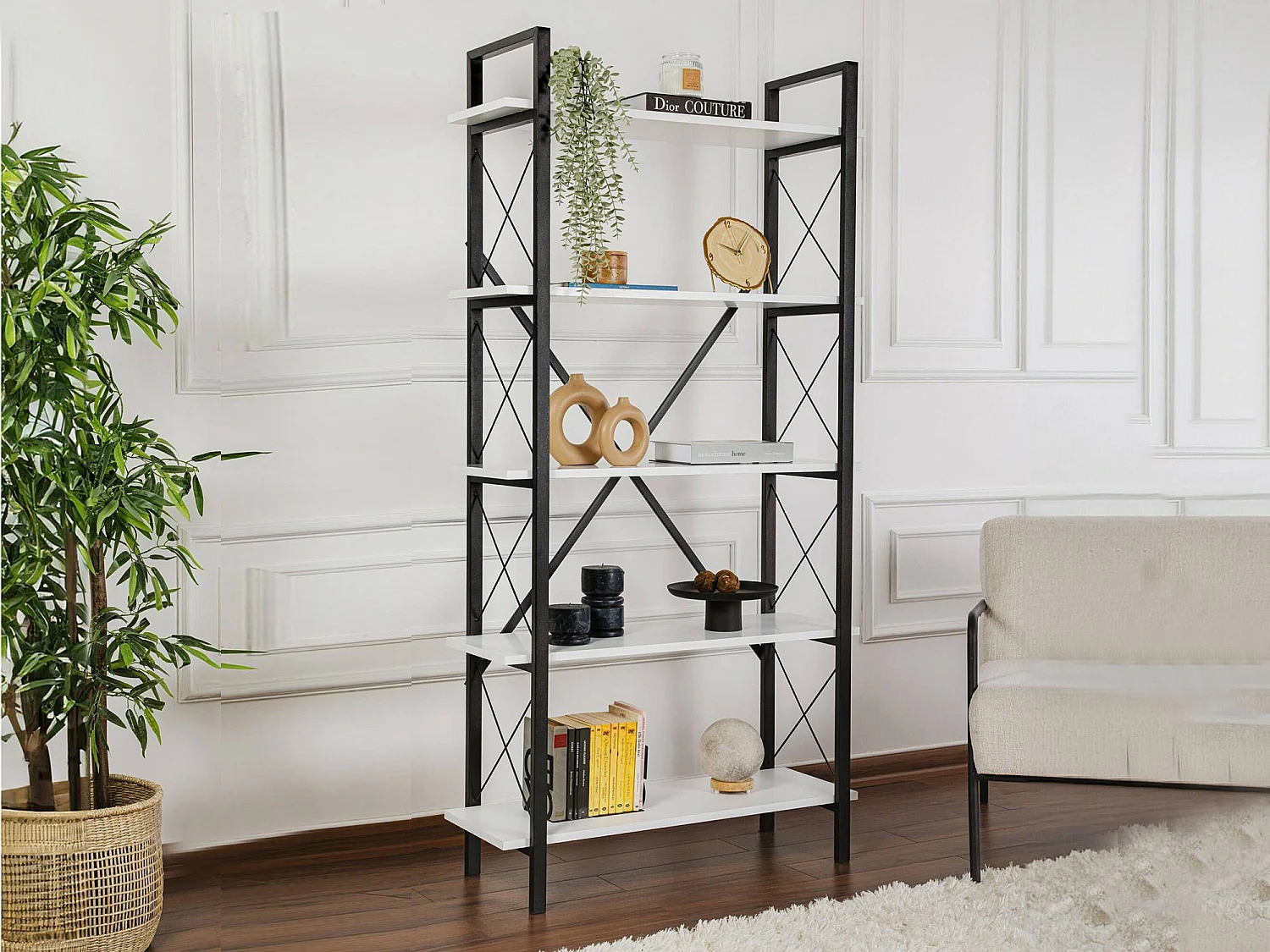 Boekenkast Suriel, 5 planken, 90x34x180h cm wit, bibliotheekkast, wandmontage, vaste constructie
