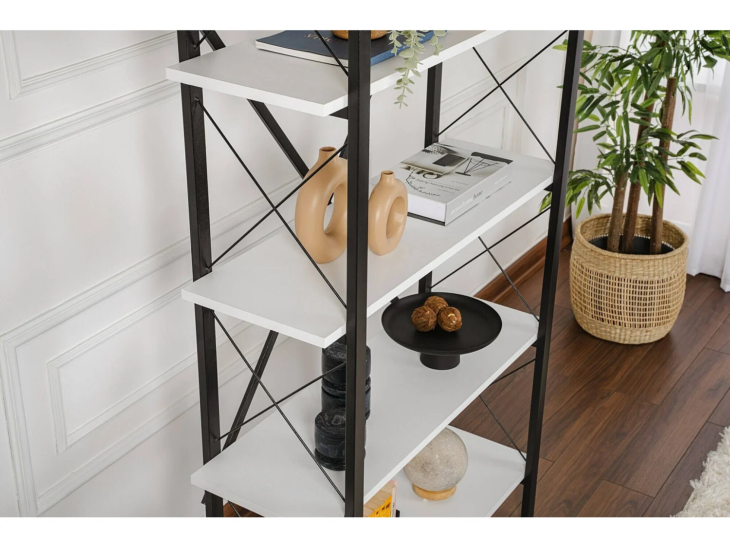Boekenkast Suriel, 5 planken, 90x34x180h cm wit, bibliotheekkast, wandmontage, vaste constructie