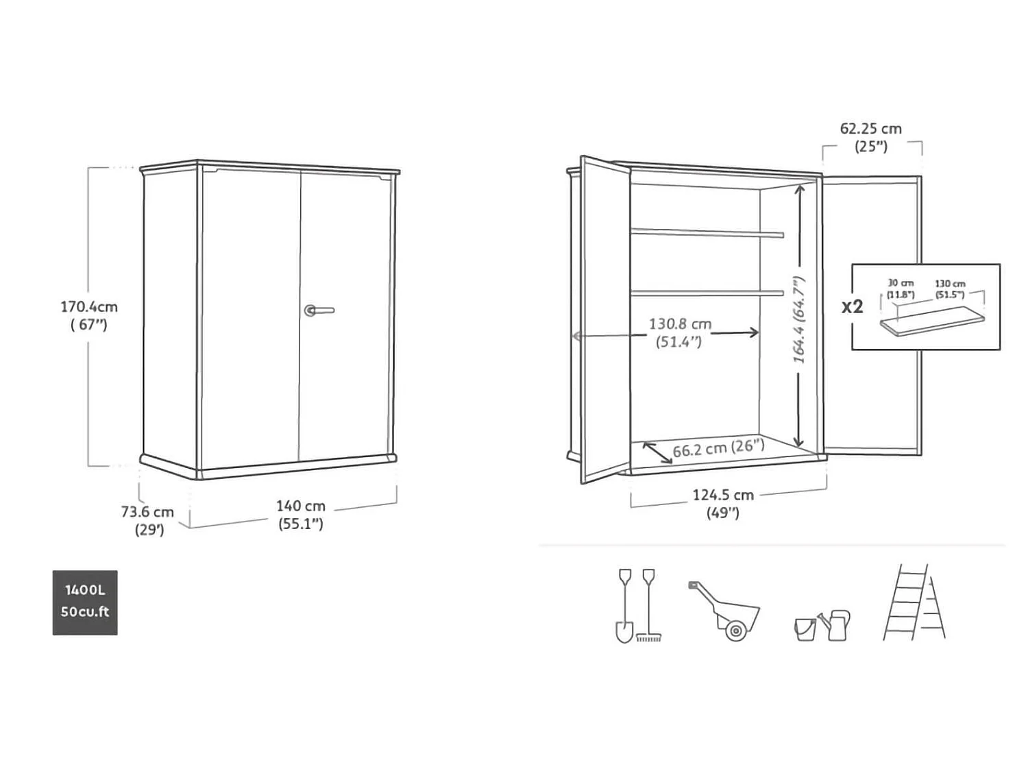 Armario de exterior Jasper, 2 estantes, 140x74x170h cm gris oscuro, mueble de jardín, 2 puertas, portaherramientas impermeable