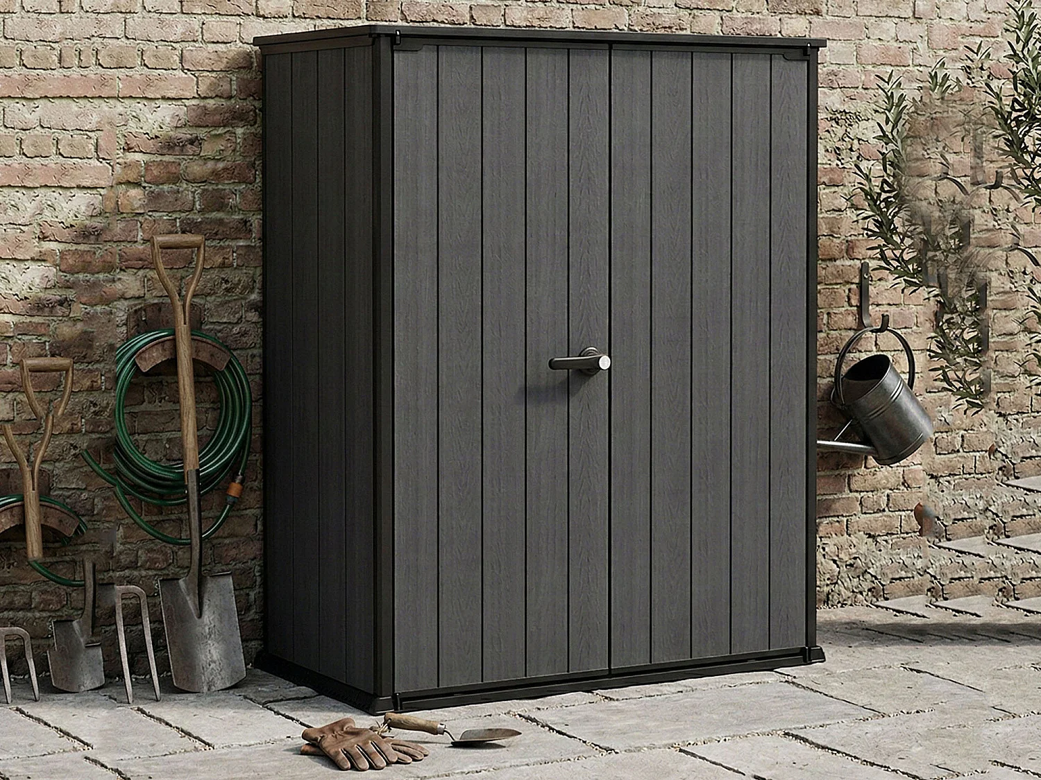 Armario de exterior Jasper, 2 estantes, 140x74x170h cm gris oscuro, mueble de jardín, 2 puertas, portaherramientas impermeable