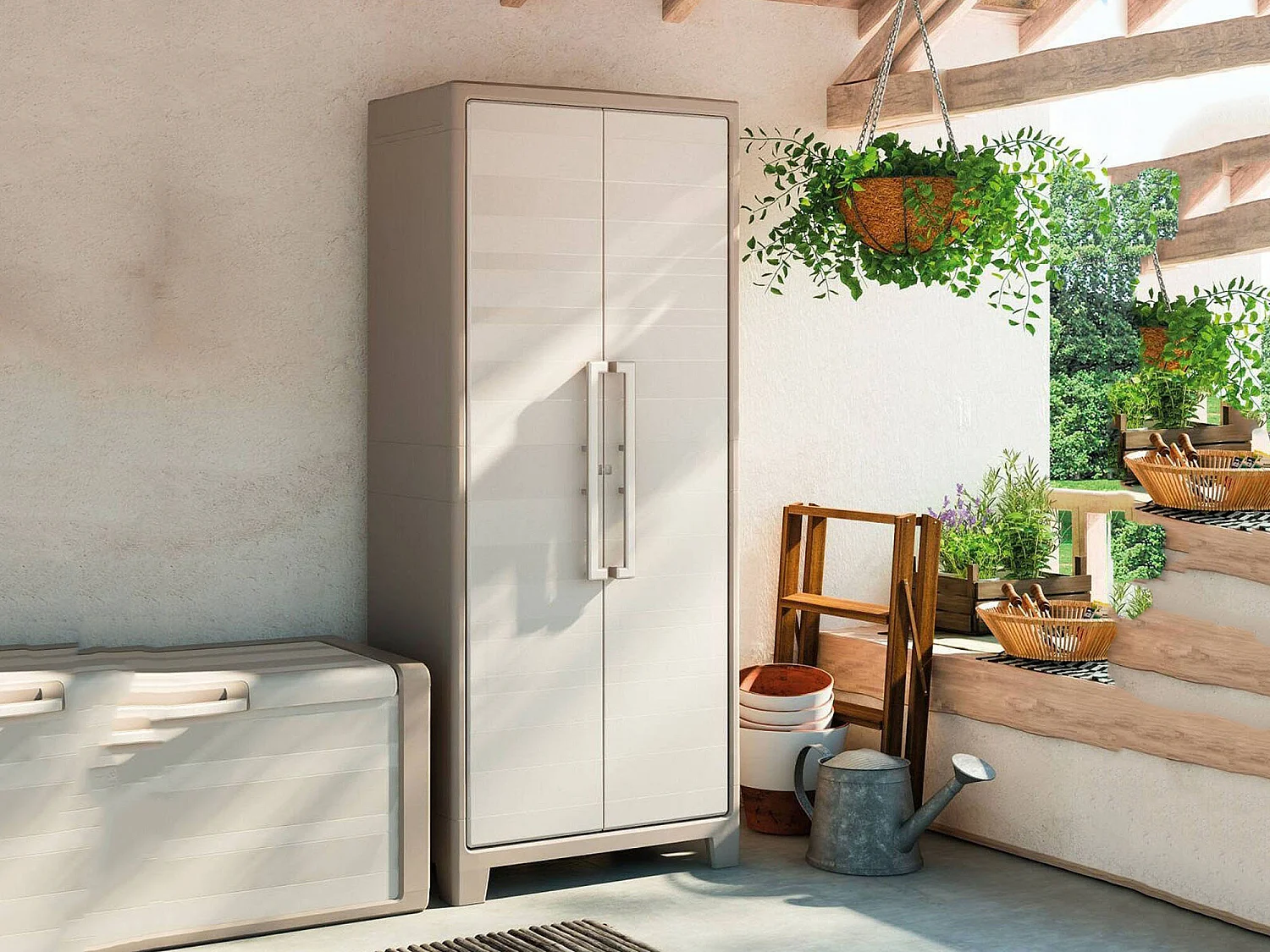Armario de Exterior Grimsby, 8 Estantes Hecho en Italia, 80x44x182h cm Marrón Arena, Mueble de Jardín, Una puerta, Impermeable