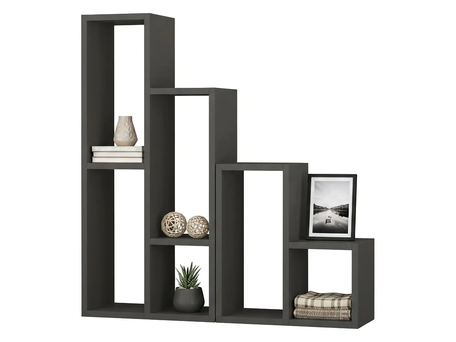 Libreria Isang, 6 Ripiani, 42x20x89h cm Nero Antracite, Biblioteca, Installazione a Muro, Sfumatura Colore Struttura Antracite