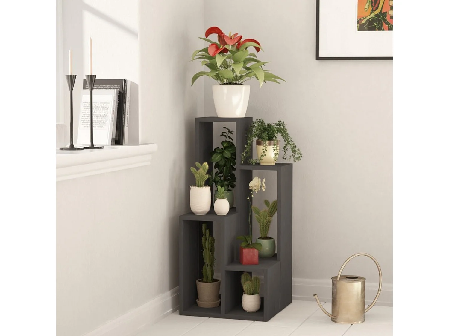 Libreria Isang, 6 Ripiani, 42x20x89h cm Nero Antracite, Biblioteca, Installazione a Muro, Sfumatura Colore Struttura Antracite