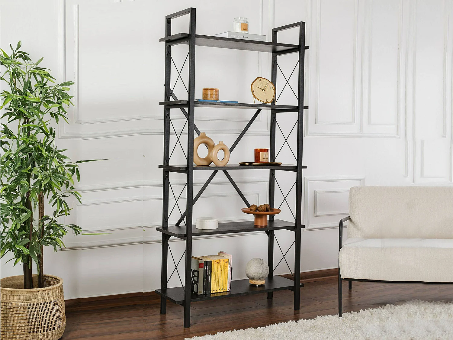 Bibliothèque Suriel, 5 Étagères, 33.5x90x180h cm Noir, Bibliothèque