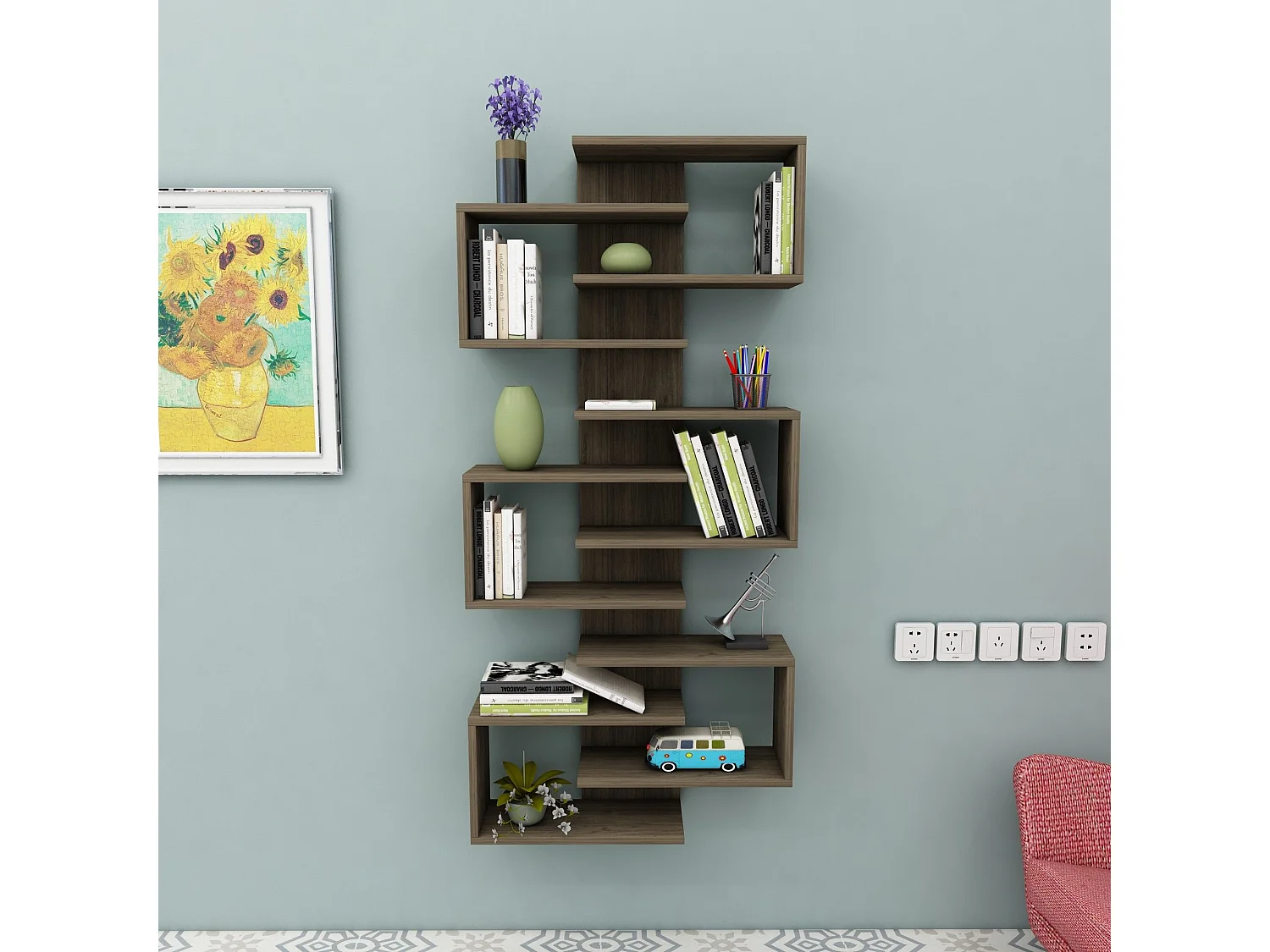 Bücherregal Trenzano, 11 Regalfächer, 75x21x161h cm Nussbaum, Bibliothek, Wandmontage, Farbtonstruktur Nussbaum