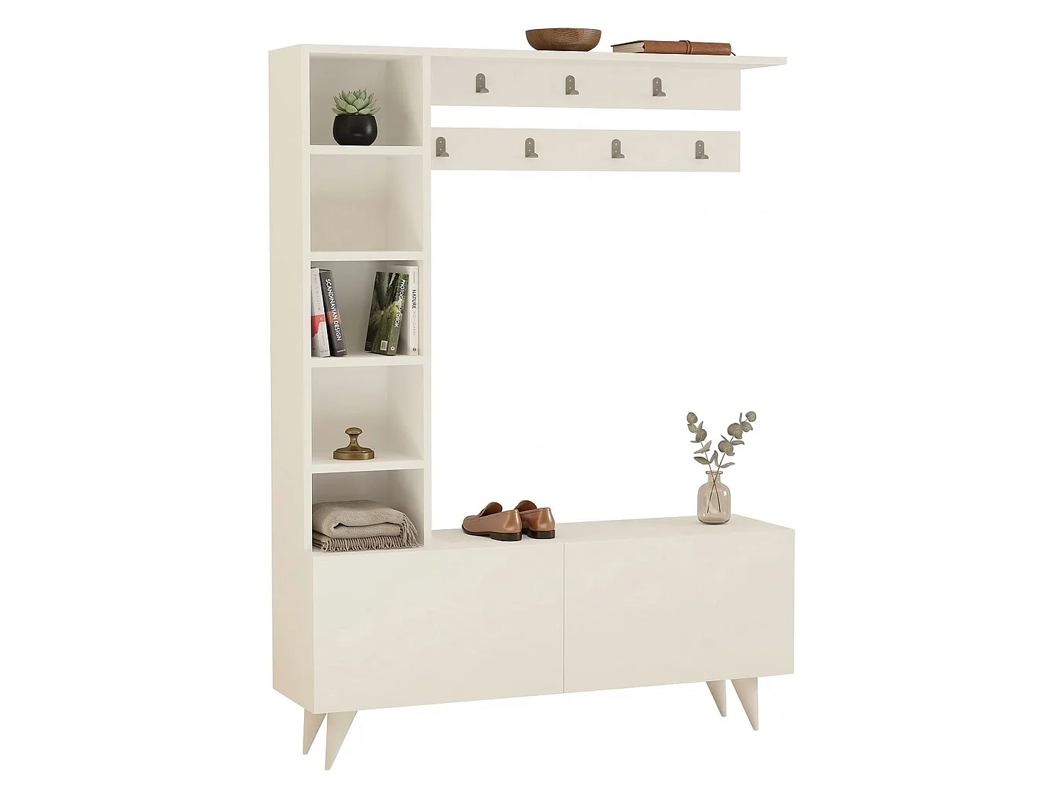 Garderobe Gordona: Weiß, 6 Regale, Klappöffnung, 120x32x162h cm