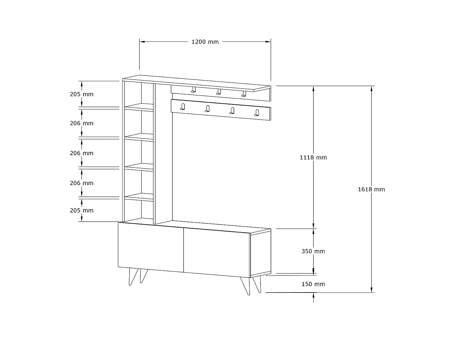 Garderobe Gordona: Weiß, 6 Regale, Klappöffnung, 120x32x162h cm