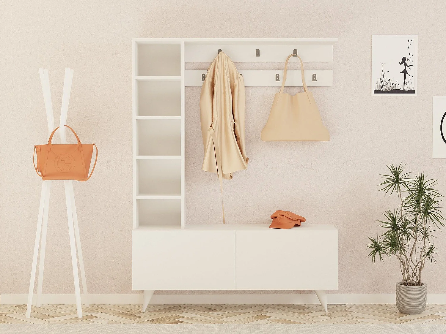 Garderobe Gordona: Weiß, 6 Regale, Klappöffnung, 120x32x162h cm