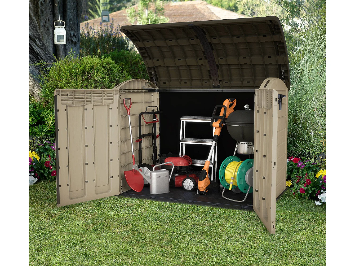 Armario exterior Hinton, apertura abatible, 177x113x134h cm beige, mueble de jardín, 2 puertas, portaherramientas impermeable