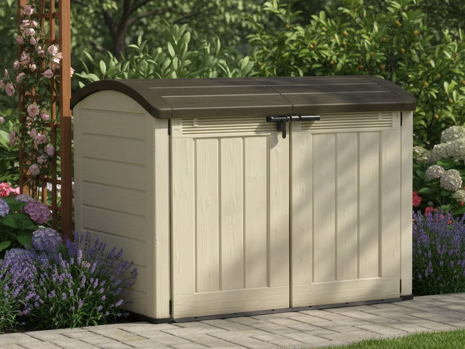 Armario exterior Hinton, apertura abatible, 177x113x134h cm beige, mueble de jardín, 2 puertas, portaherramientas impermeable