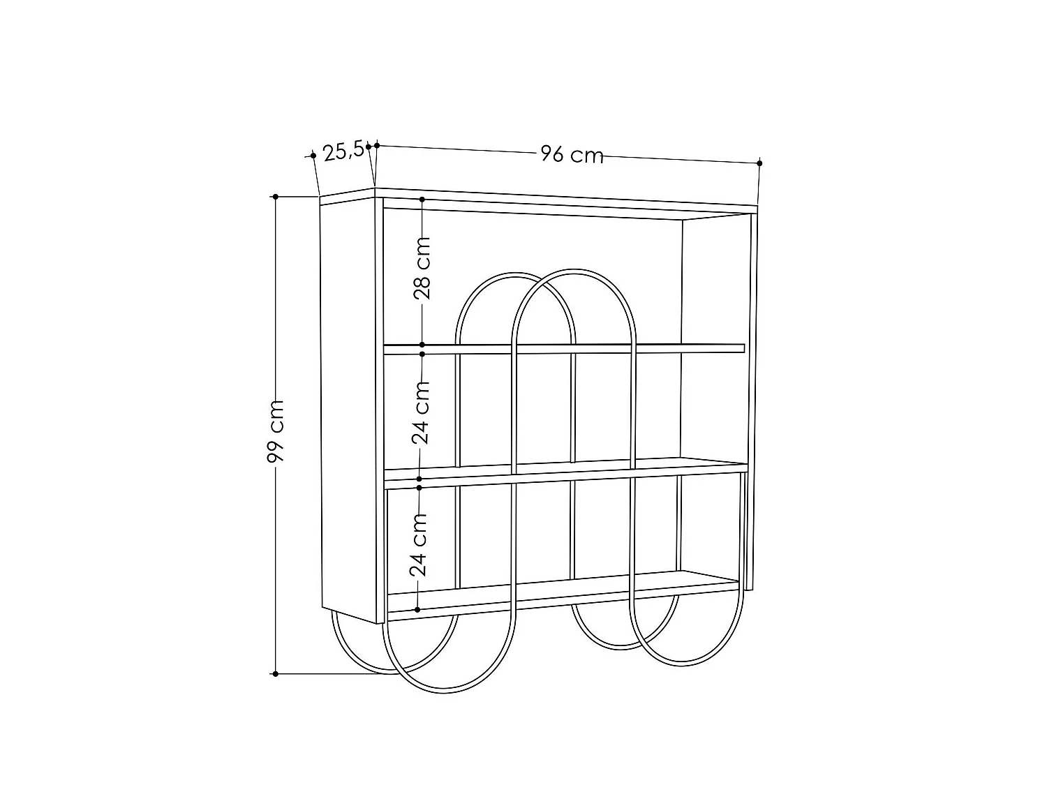 Bücherregal Otis, 2 Ablagen, 96x26x99h cm Weiß, 3 Türen, Wandmontage