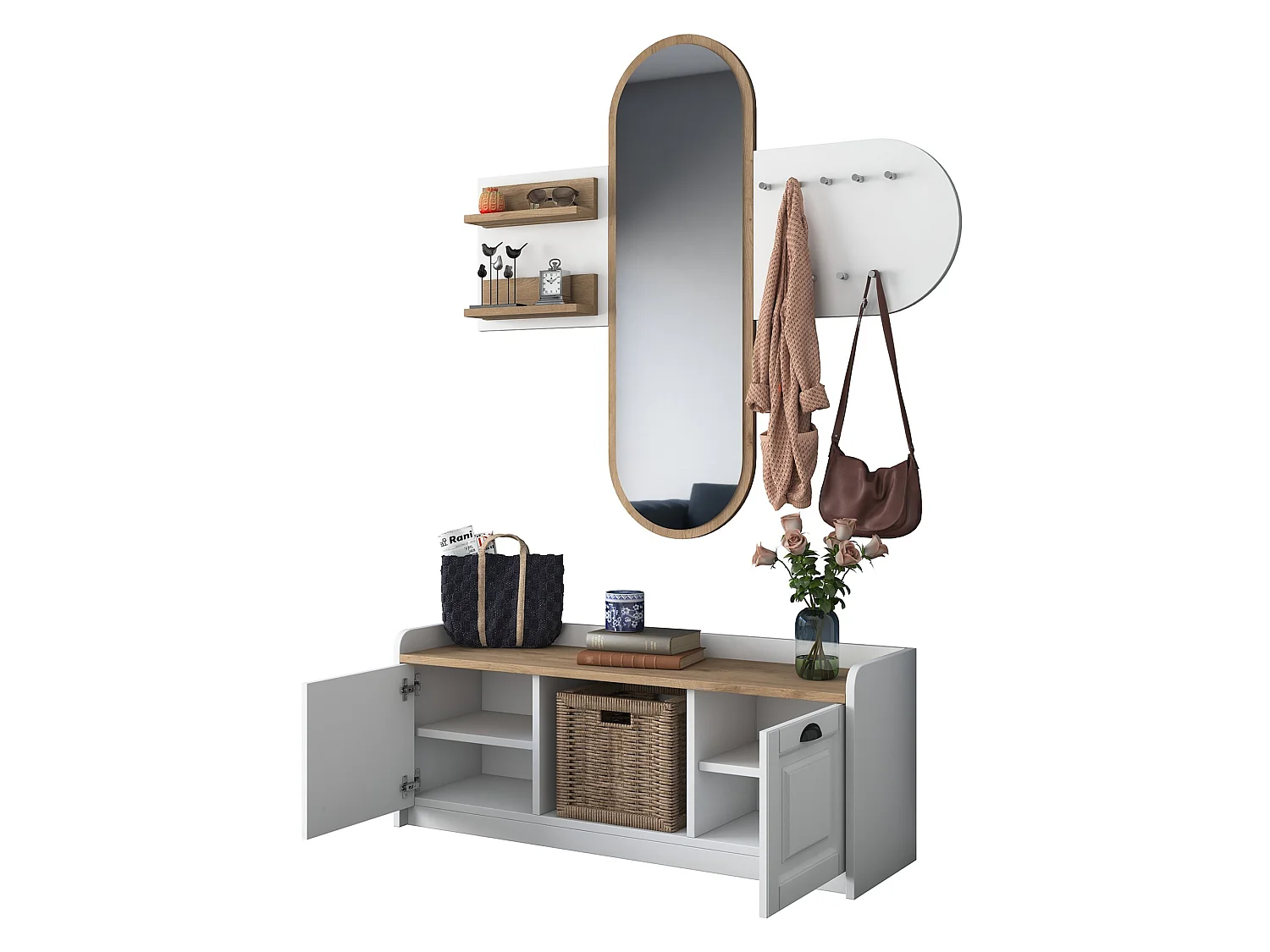 Mobile da Ingresso Crespino, Specchio Incluso, 120x40x45h cm Bianco, 5 Ripiani, Appendiabiti
