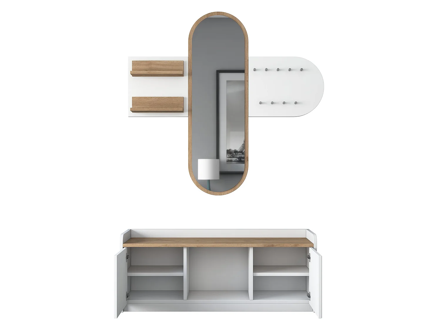 Mobile da Ingresso Crespino, Specchio Incluso, 120x40x45h cm Bianco, 5 Ripiani, Appendiabiti