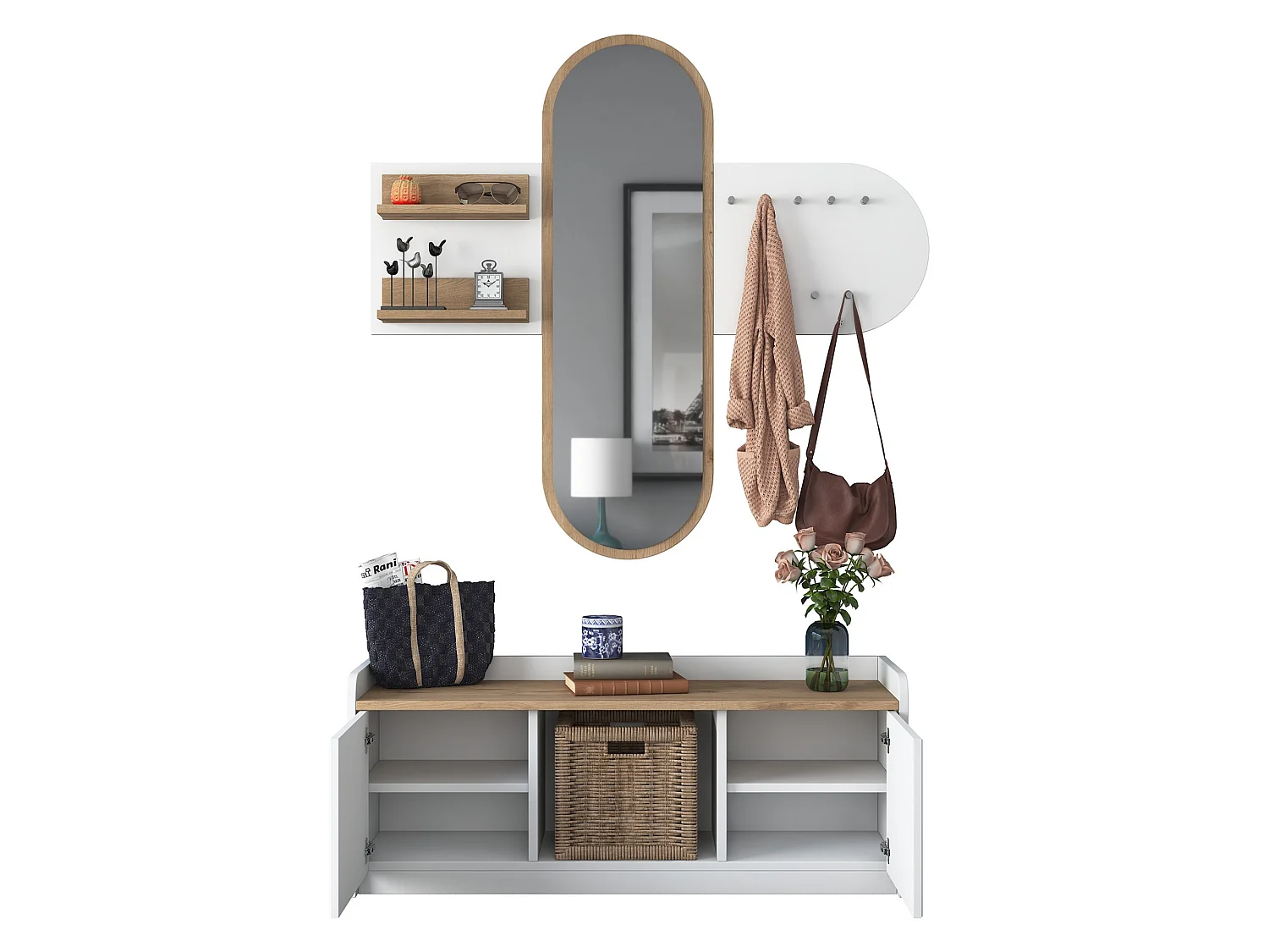 Mobile da Ingresso Crespino, Specchio Incluso, 120x40x45h cm Bianco, 5 Ripiani, Appendiabiti
