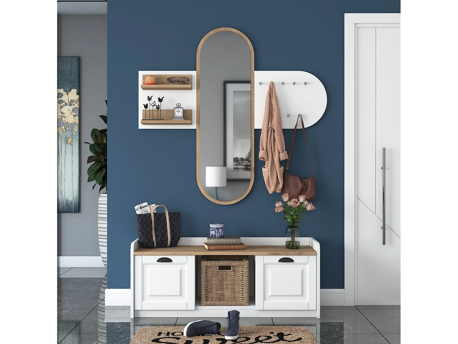 Mobile da Ingresso Crespino, Specchio Incluso, 120x40x45h cm Bianco, 5 Ripiani, Appendiabiti