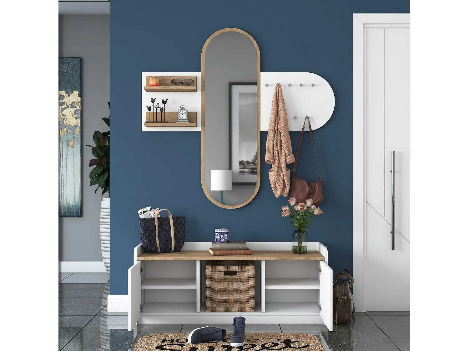Mobile da Ingresso Crespino, Specchio Incluso, 120x40x45h cm Bianco, 5 Ripiani, Appendiabiti