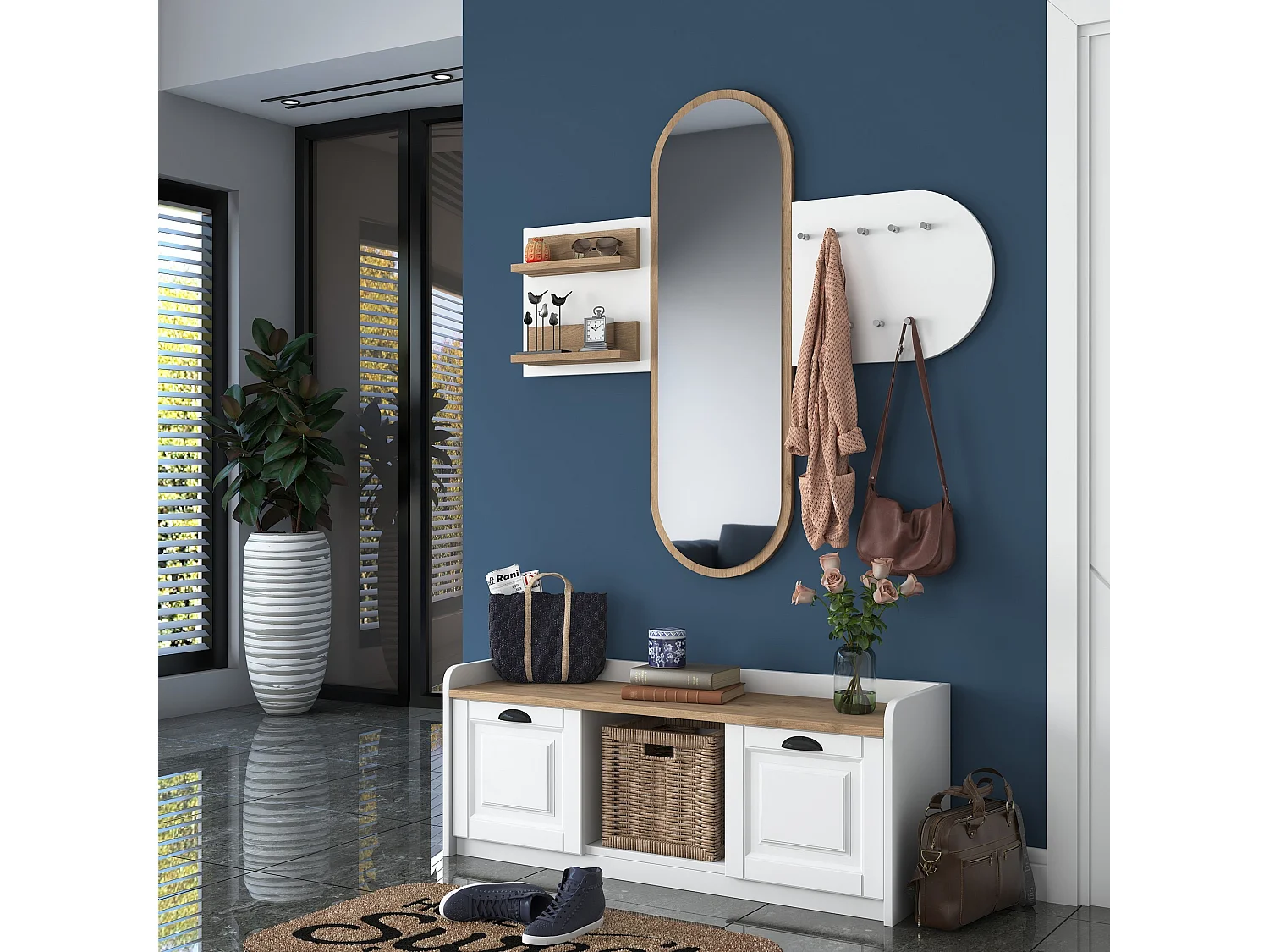 Mobile da Ingresso Crespino, Specchio Incluso, 120x40x45h cm Bianco, 5 Ripiani, Appendiabiti