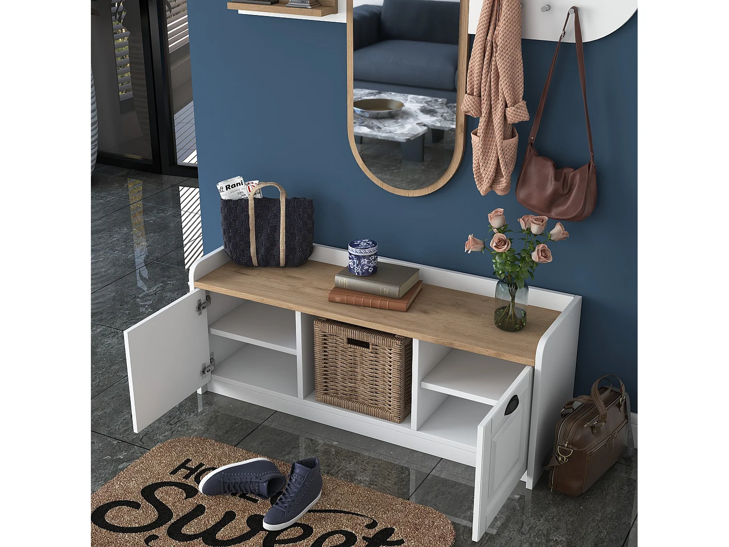 Mobile da Ingresso Crespino, Specchio Incluso, 120x40x45h cm Bianco, 5 Ripiani, Appendiabiti