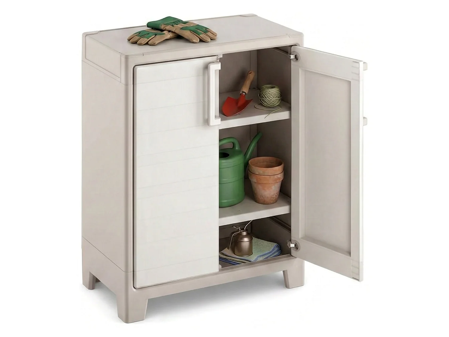 Grimsby buitenkast, 2 planken, gemaakt in Italië, 80x44x100h cm zandbruin, tuinkast, 1 deur, waterdicht