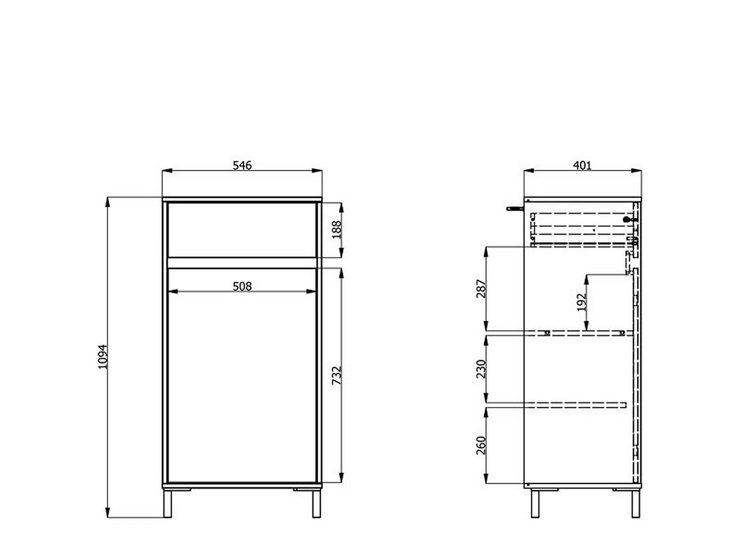Flurmöbel Pollenza, eine Schublade, 55x40x110h cm Braun Eiche Astknoten, 2 Ablagen, eine Tür
