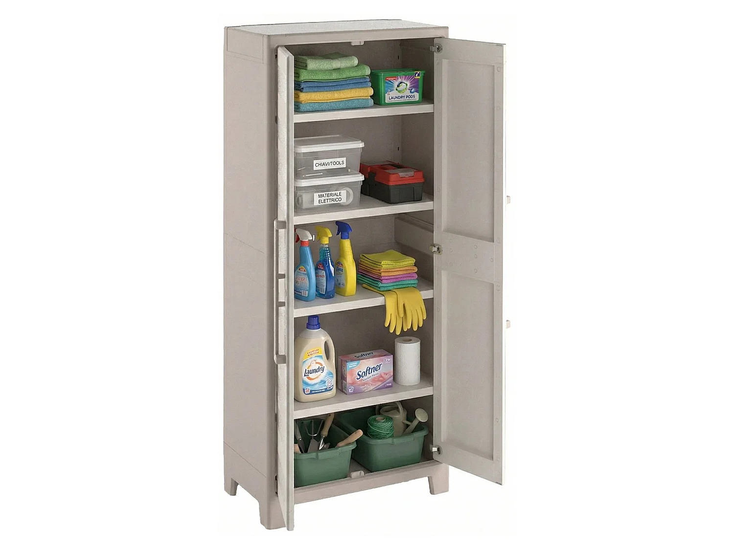 Armário Exterior Grimsby, 4 Prateleiras Fabricado em Itália, 80x44x182h cm Castanho Areia, Armário de Jardim, 1 porta, Impermeável