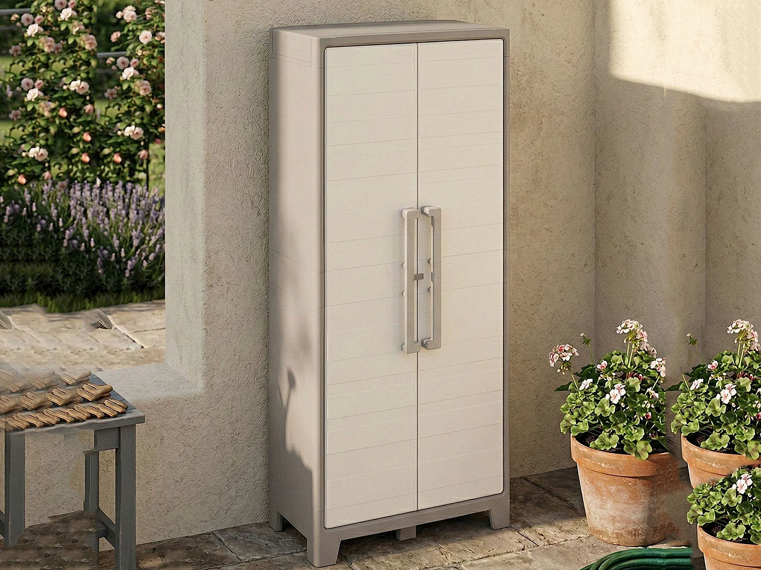 Armário Exterior Grimsby, 4 Prateleiras Fabricado em Itália, 80x44x182h cm Castanho Areia, Armário de Jardim, 1 porta, Impermeável