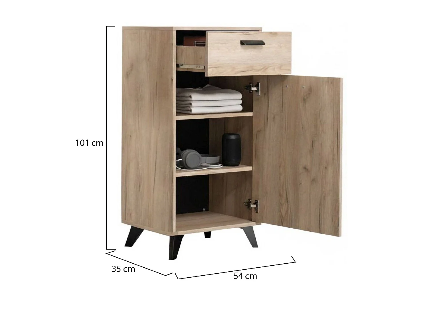 Garderobenschrank Sezzadio, eine Schublade, 54x35x101h cm Eiche Braun, 2 Regale, eine Tür