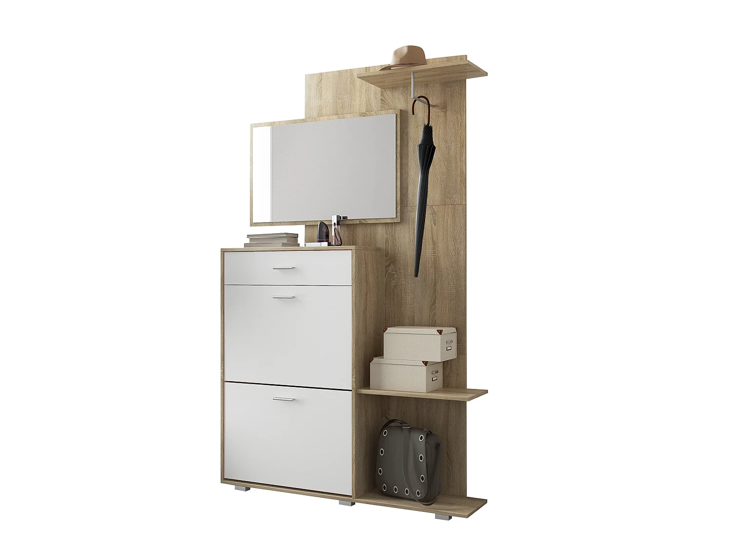 Garderobenschrank Verres, Spiegel Inklusive, 120x25x192h cm Eiche Braun, 12 Paar, eine Schublade