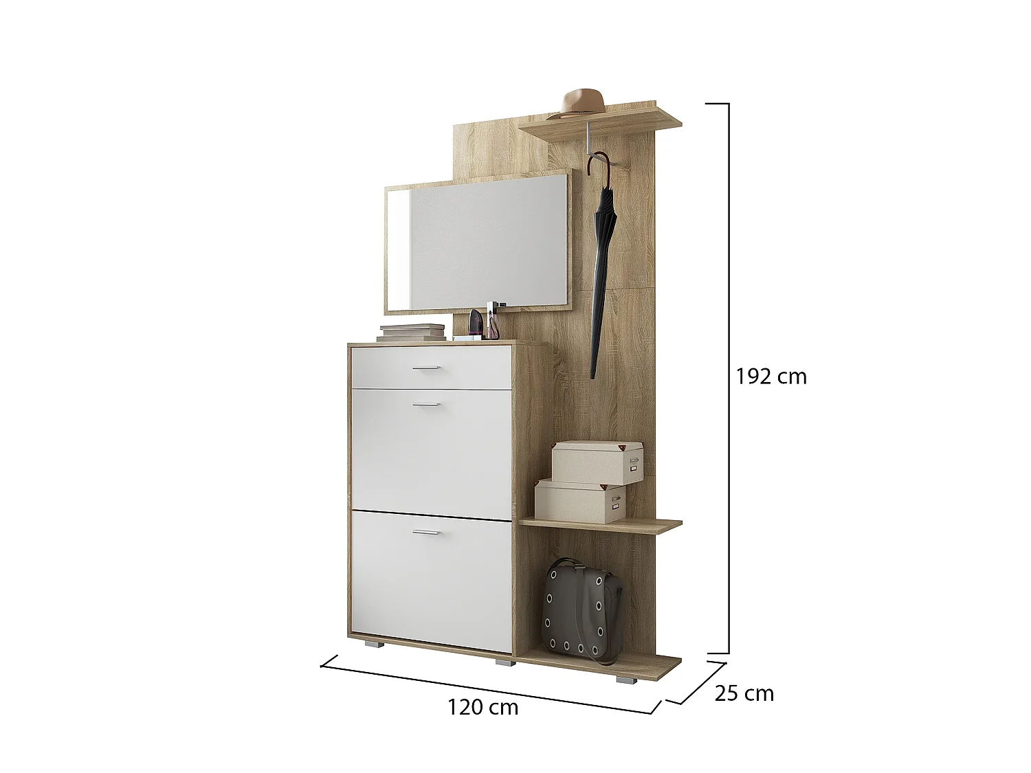 Garderobenschrank Verres, Spiegel Inklusive, 120x25x192h cm Eiche Braun, 12 Paar, eine Schublade