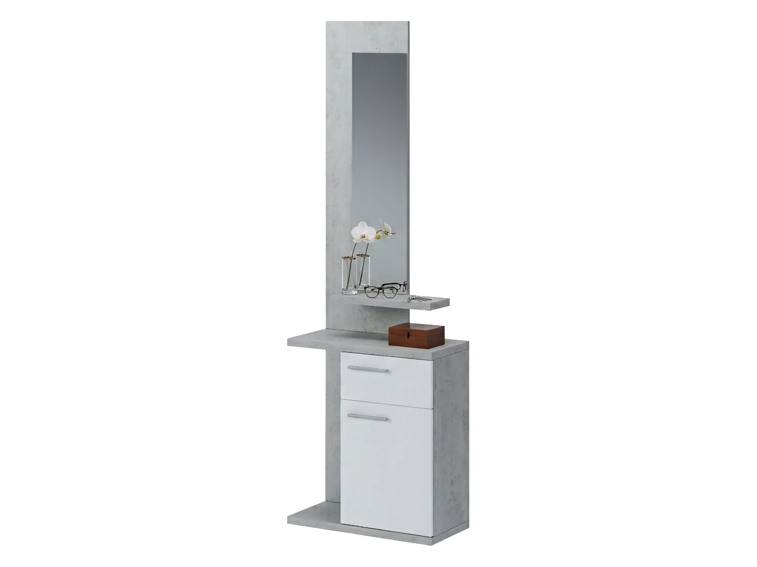 Garderobenschrank Candiolo, Spiegel inklusive, 61x28x186h cm Beton, eine Schublade, ein Regal
