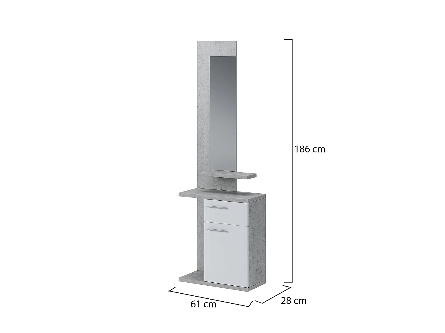 Garderobenschrank Candiolo, Spiegel inklusive, 61x28x186h cm Beton, eine Schublade, ein Regal