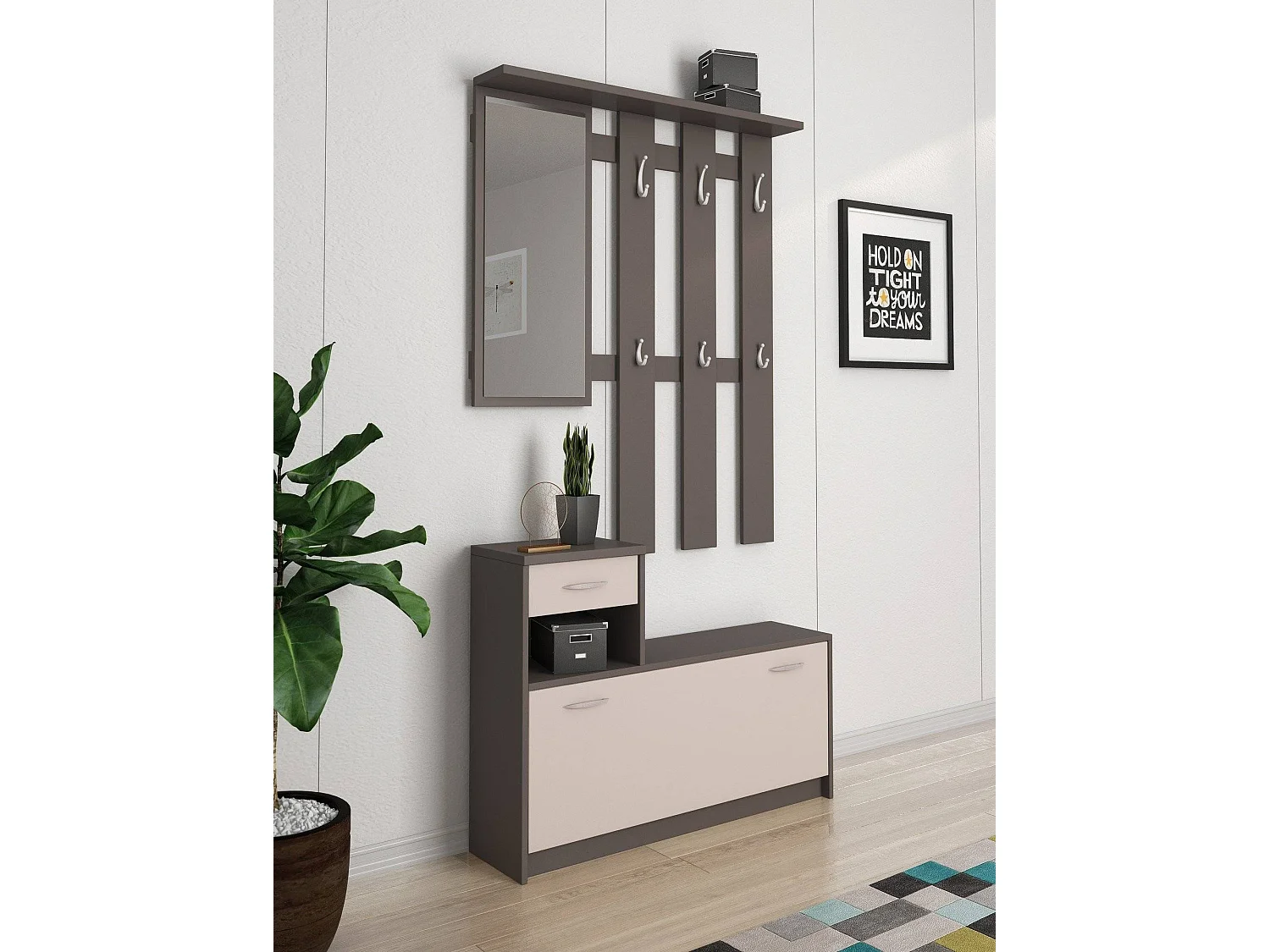 Mueble de Entrada Garolfo, Espejo Incluido, 100x26x190h cm Beige, 8 Pares, 2 Estantes