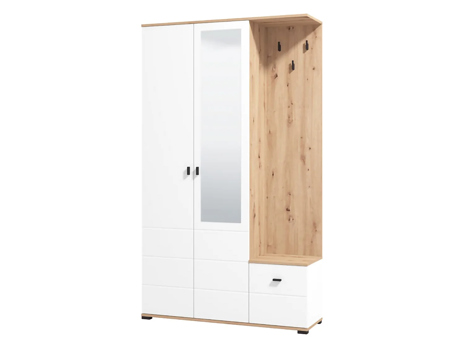 Meuble d'Entrée Raroto, Miroir Inclus, 116x35x197h cm Blanc, 4 Étagères, Porte-manteau
