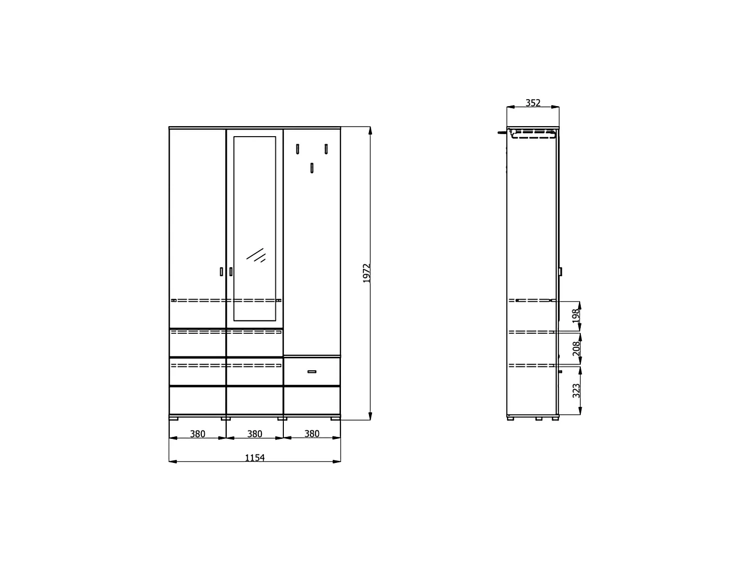 Meuble d'Entrée Raroto, Miroir Inclus, 116x35x197h cm Blanc, 4 Étagères, Porte-manteau