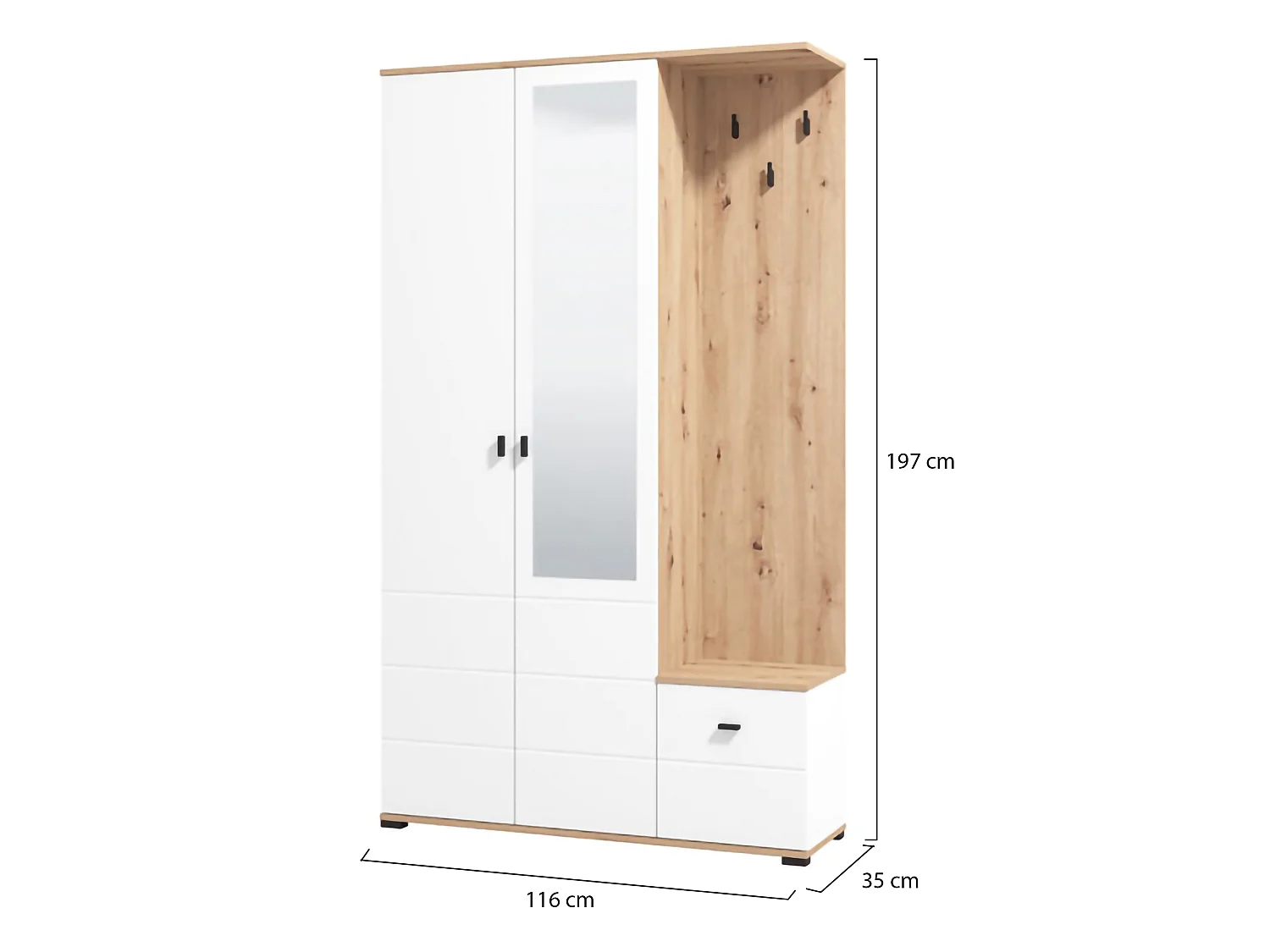 Meuble d'Entrée Raroto, Miroir Inclus, 116x35x197h cm Blanc, 4 Étagères, Porte-manteau