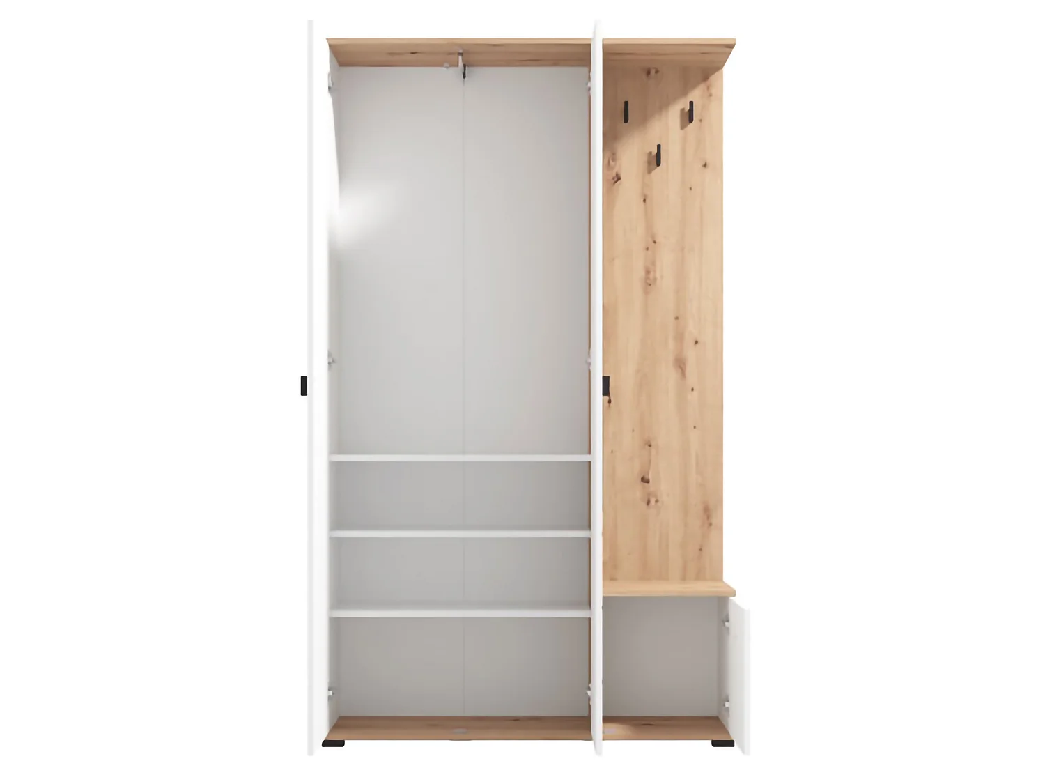 Meuble d'Entrée Raroto, Miroir Inclus, 116x35x197h cm Blanc, 4 Étagères, Porte-manteau