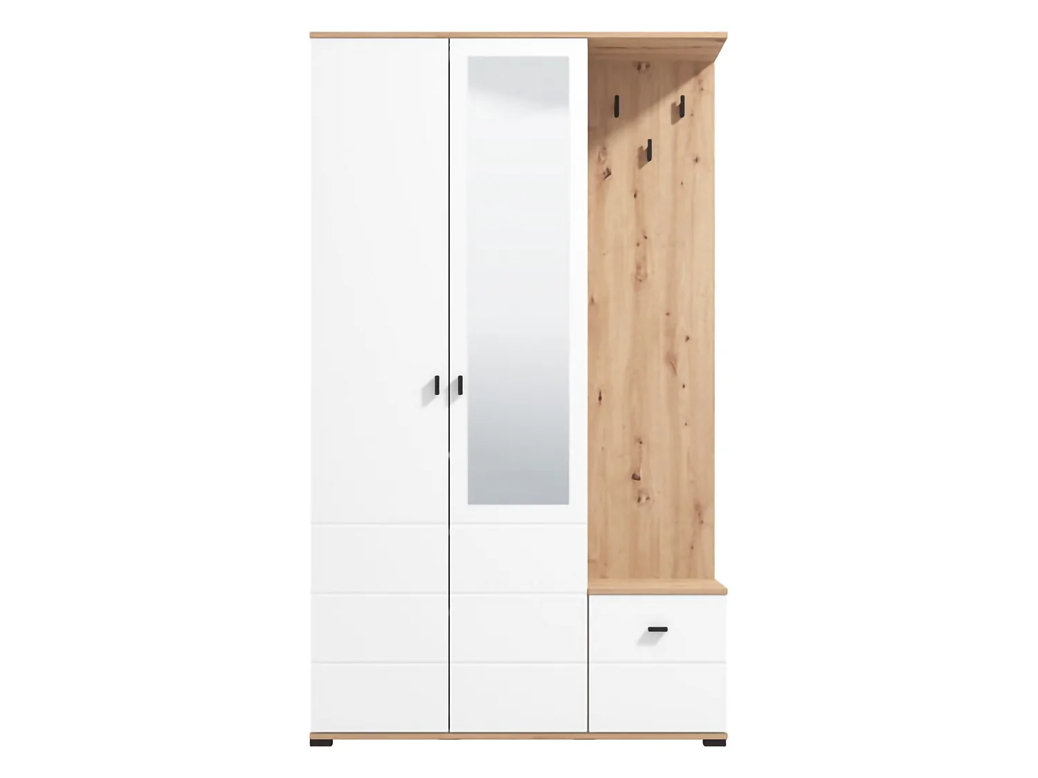 Meuble d'Entrée Raroto, Miroir Inclus, 116x35x197h cm Blanc, 4 Étagères, Porte-manteau