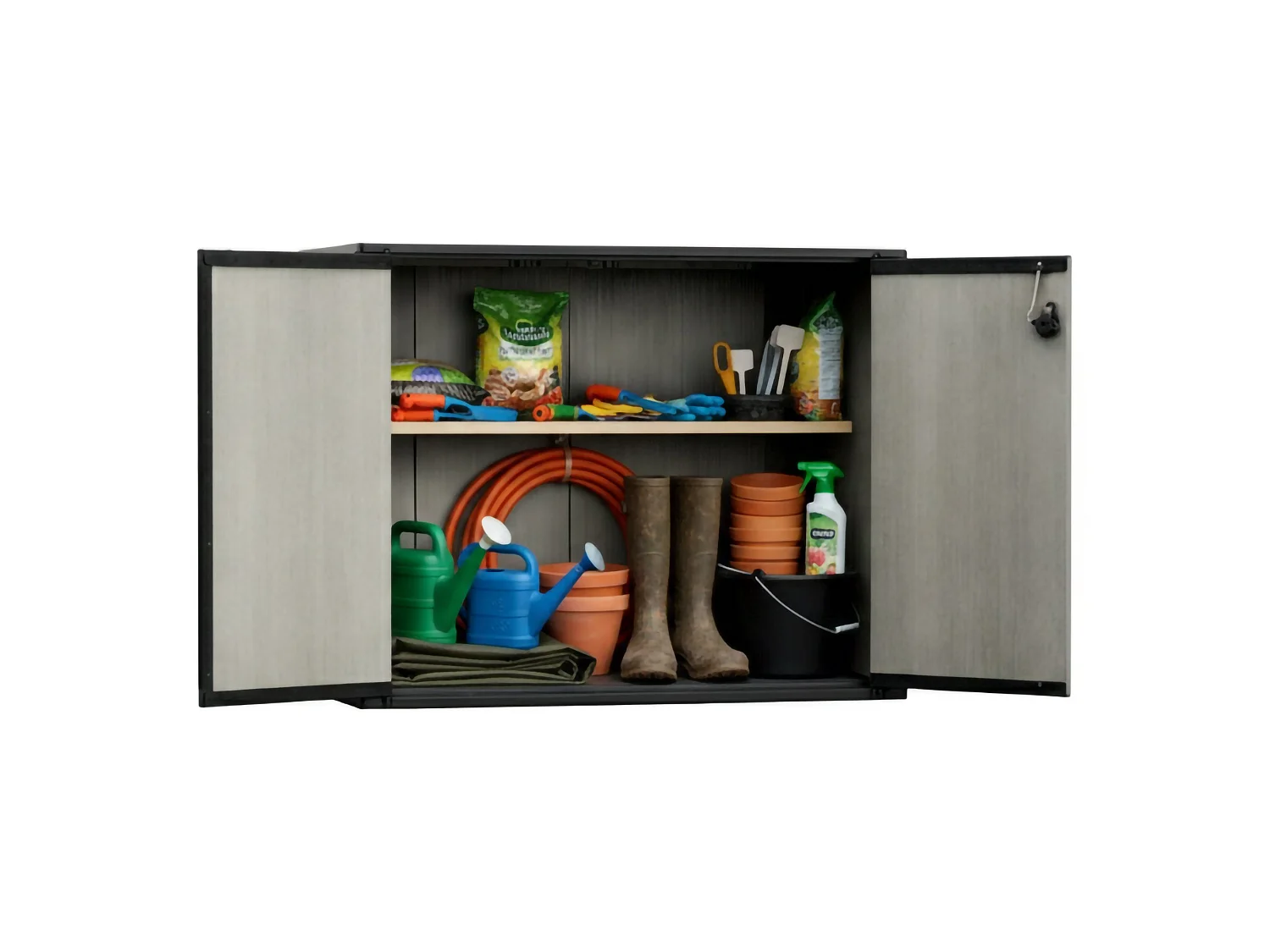 Armario exterior Kindersley, 1 estante, 140x77x120h cm gris, mueble de jardín, 1 puerta, portaherramientas impermeable