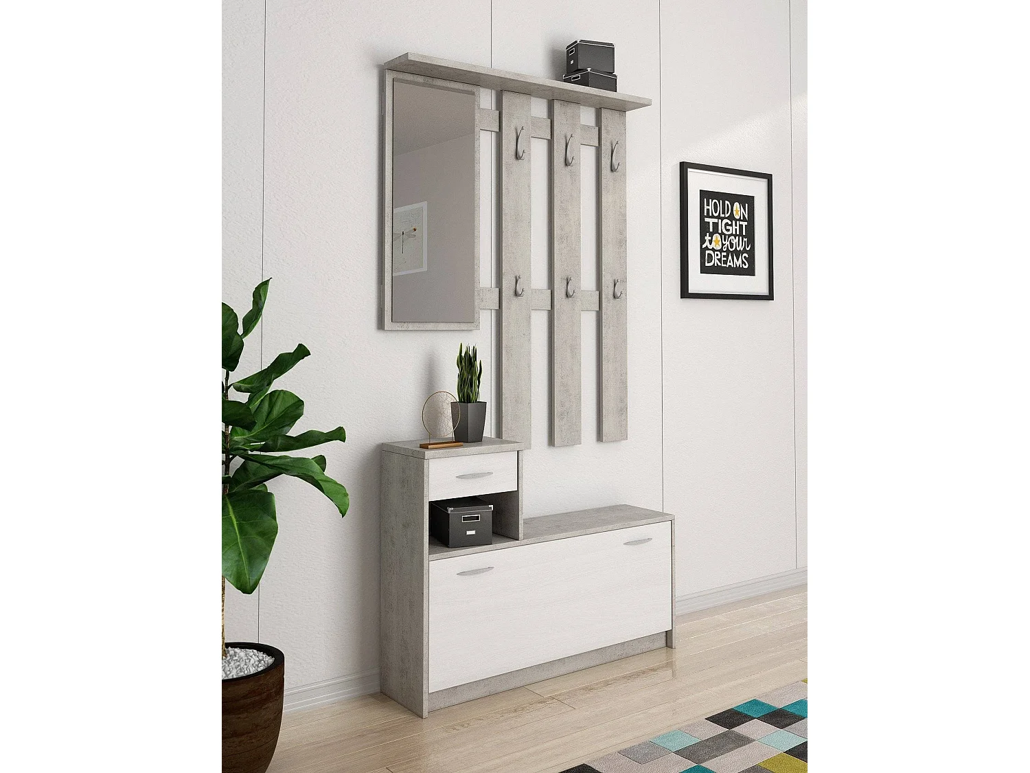 Mueble de entrada Garolfo, espejo incluido, 100x26x190h cm blanco, 8 pares, 2 estantes