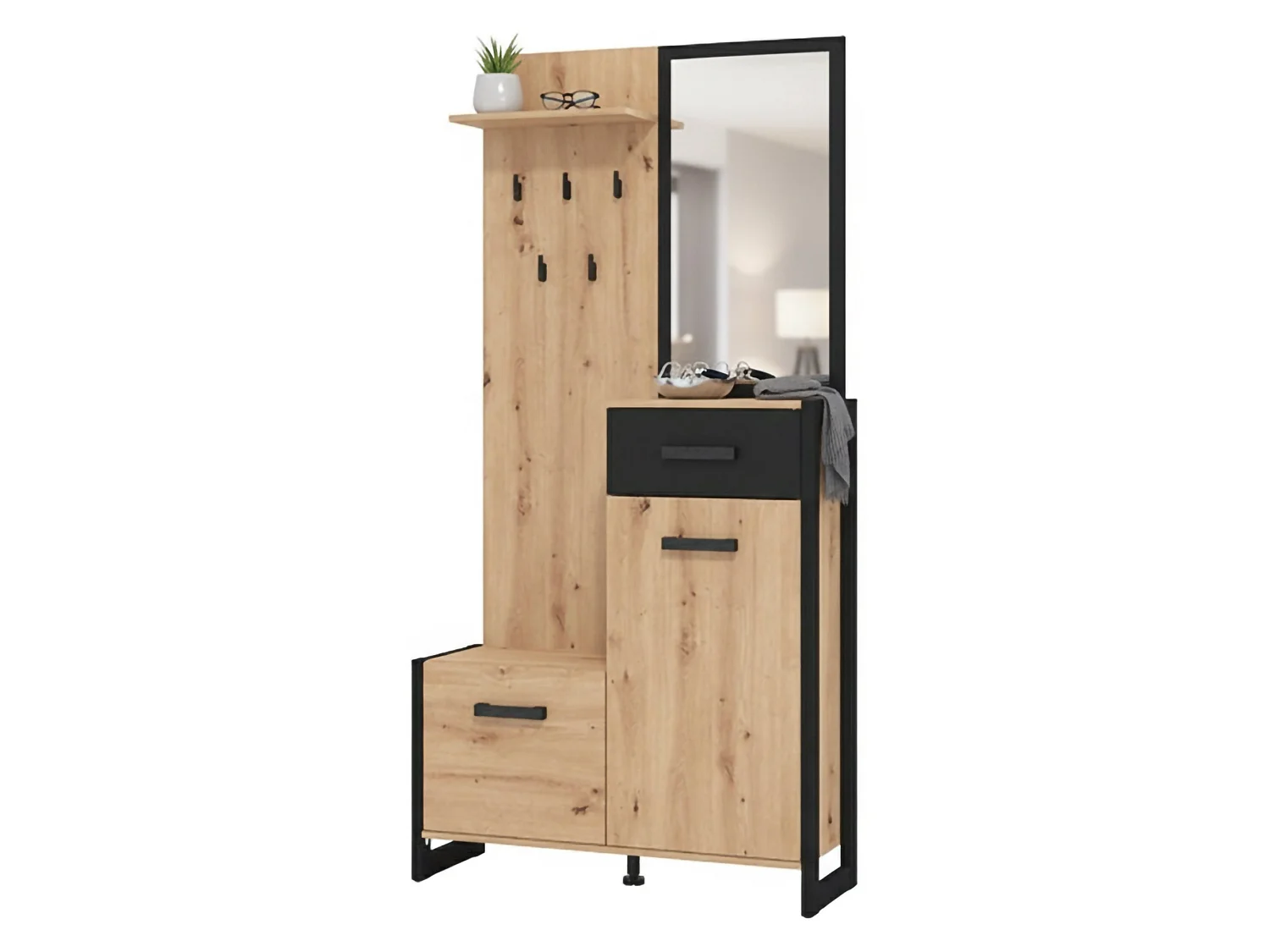 Flurkommode Corbetta, inkl. Spiegel, 95x34x191h cm Eiche Natur-Braun, eine Schublade, 5 Regalböden