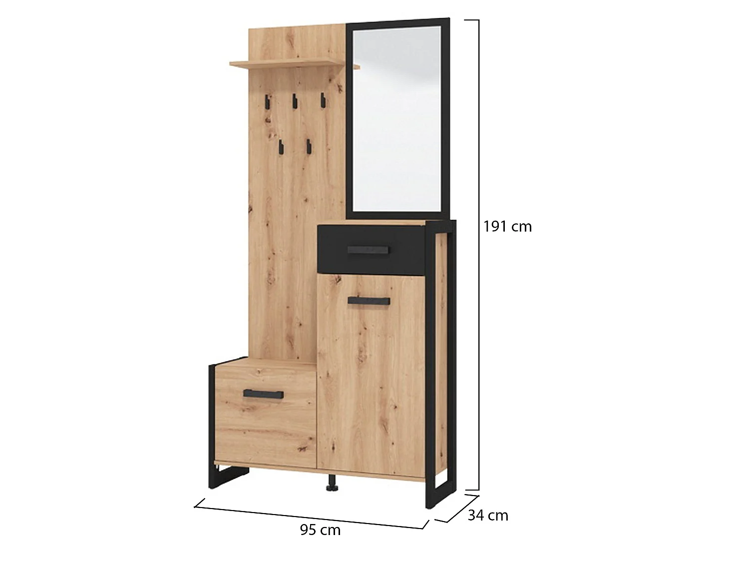 Flurkommode Corbetta, inkl. Spiegel, 95x34x191h cm Eiche Natur-Braun, eine Schublade, 5 Regalböden