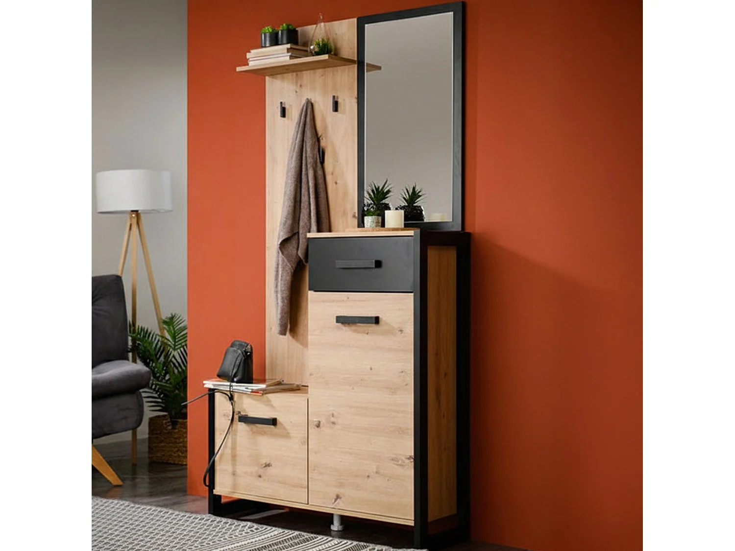 Flurkommode Corbetta, inkl. Spiegel, 95x34x191h cm Eiche Natur-Braun, eine Schublade, 5 Regalböden