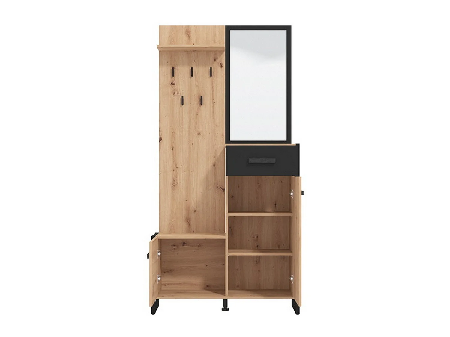 Flurkommode Corbetta, inkl. Spiegel, 95x34x191h cm Eiche Natur-Braun, eine Schublade, 5 Regalböden