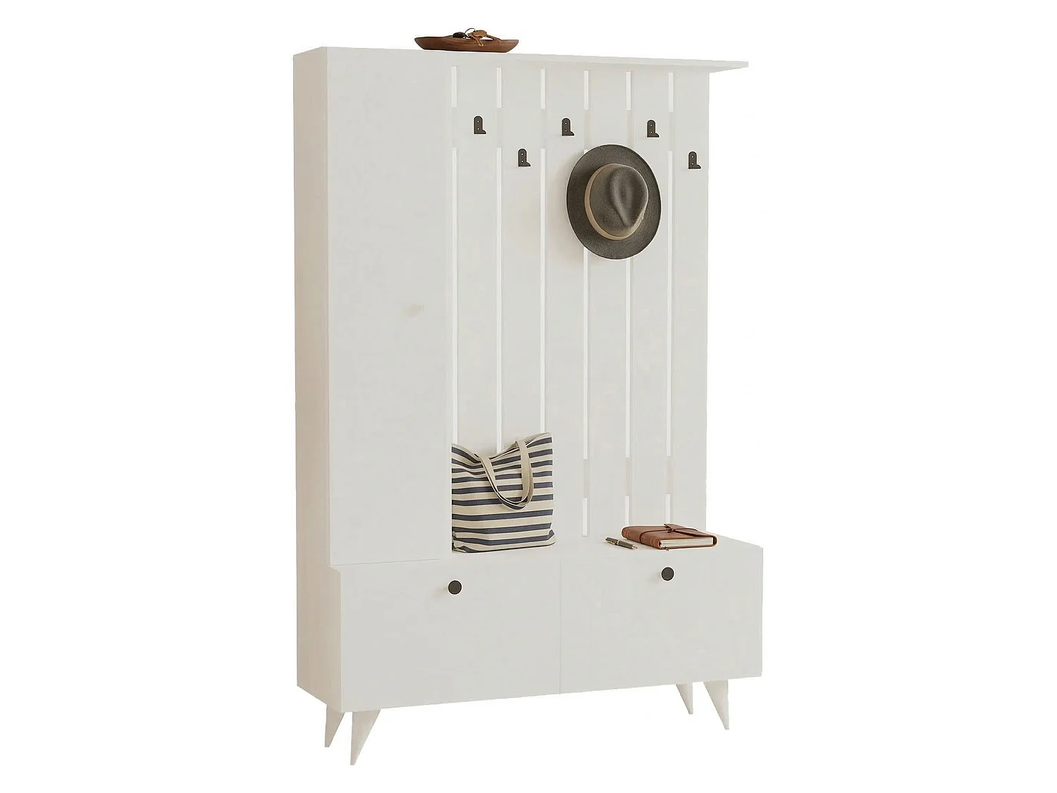 Mobile da Ingresso Aiello, Appendiabiti, 112x35x170h cm Bianco, 6 Ripiani, Apertura a Ribalta