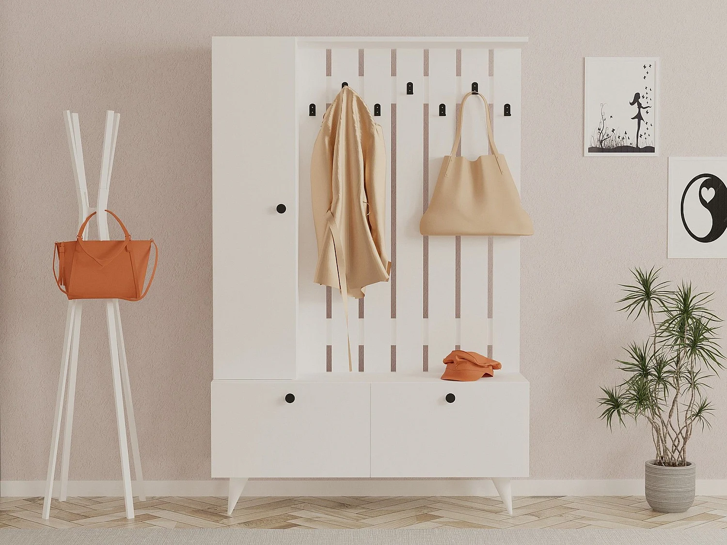 Mobile da Ingresso Aiello, Appendiabiti, 112x35x170h cm Bianco, 6 Ripiani, Apertura a Ribalta