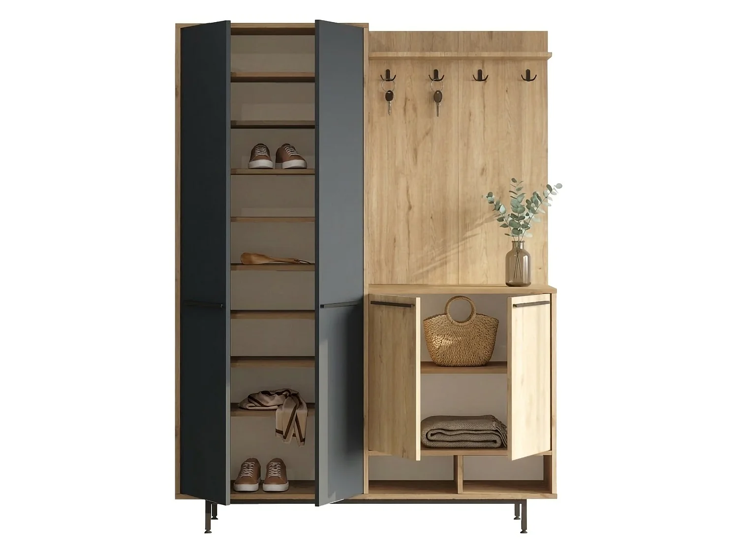 Meuble d'Entrée Tignale, 12 Étagères, 147x36x196h cm Noir Anthracite, Porte-Manteaux, 4 Portes