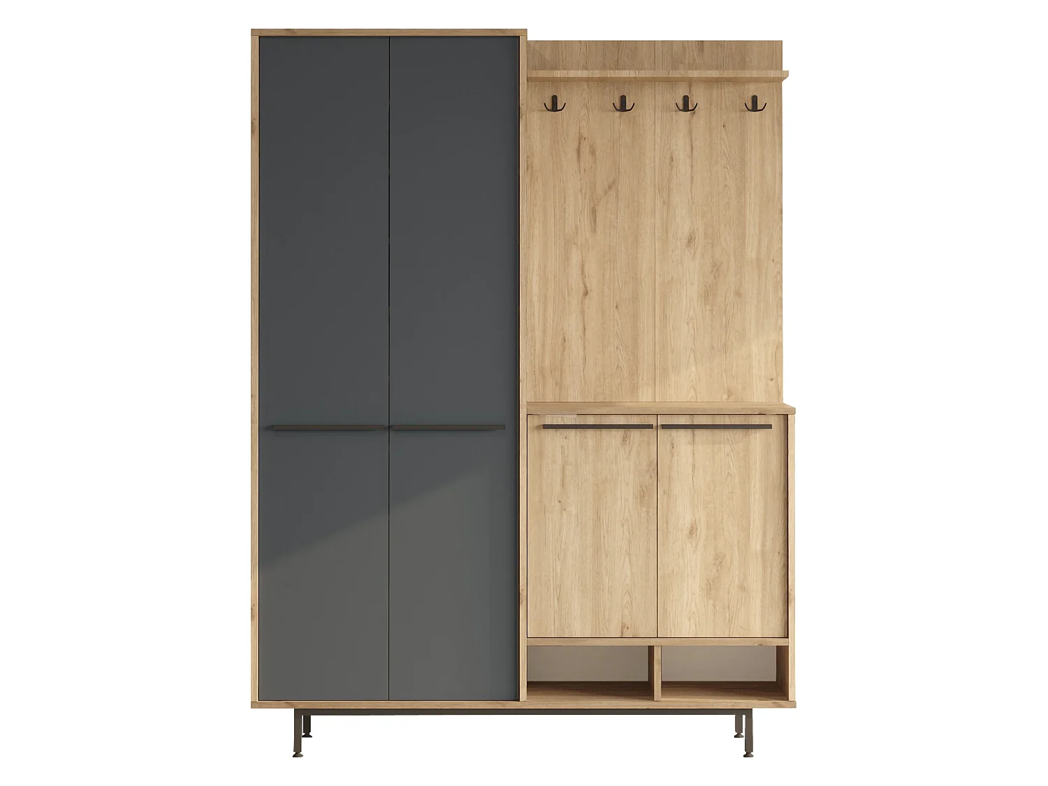 Meuble d'Entrée Tignale, 12 Étagères, 147x36x196h cm Noir Anthracite, Porte-Manteaux, 4 Portes