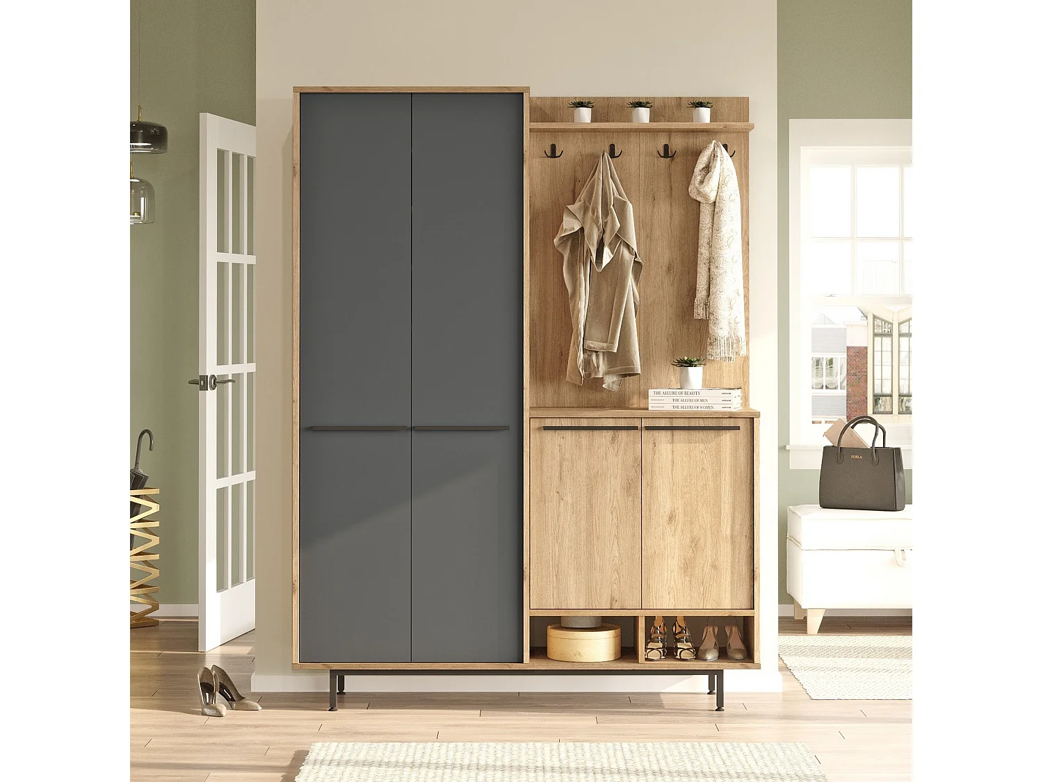 Meuble d'Entrée Tignale, 12 Étagères, 147x36x196h cm Noir Anthracite, Porte-Manteaux, 4 Portes