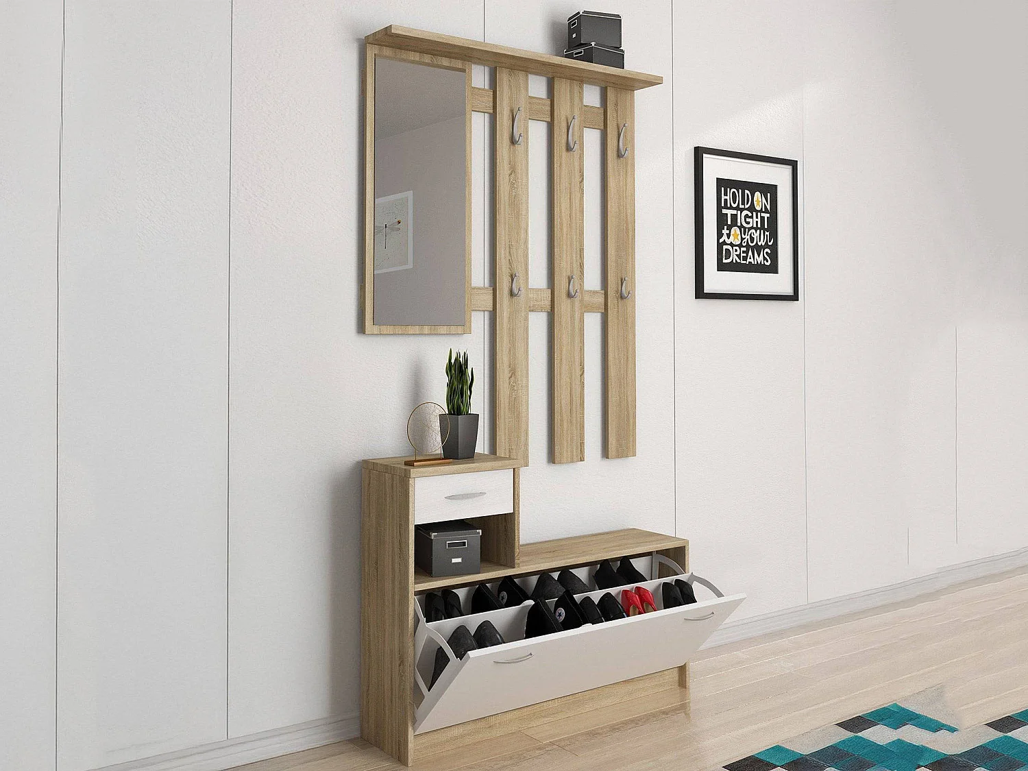 Meuble d'Entrée Garolfo, Miroir Inclus, 25,5x100x190h cm Blanc