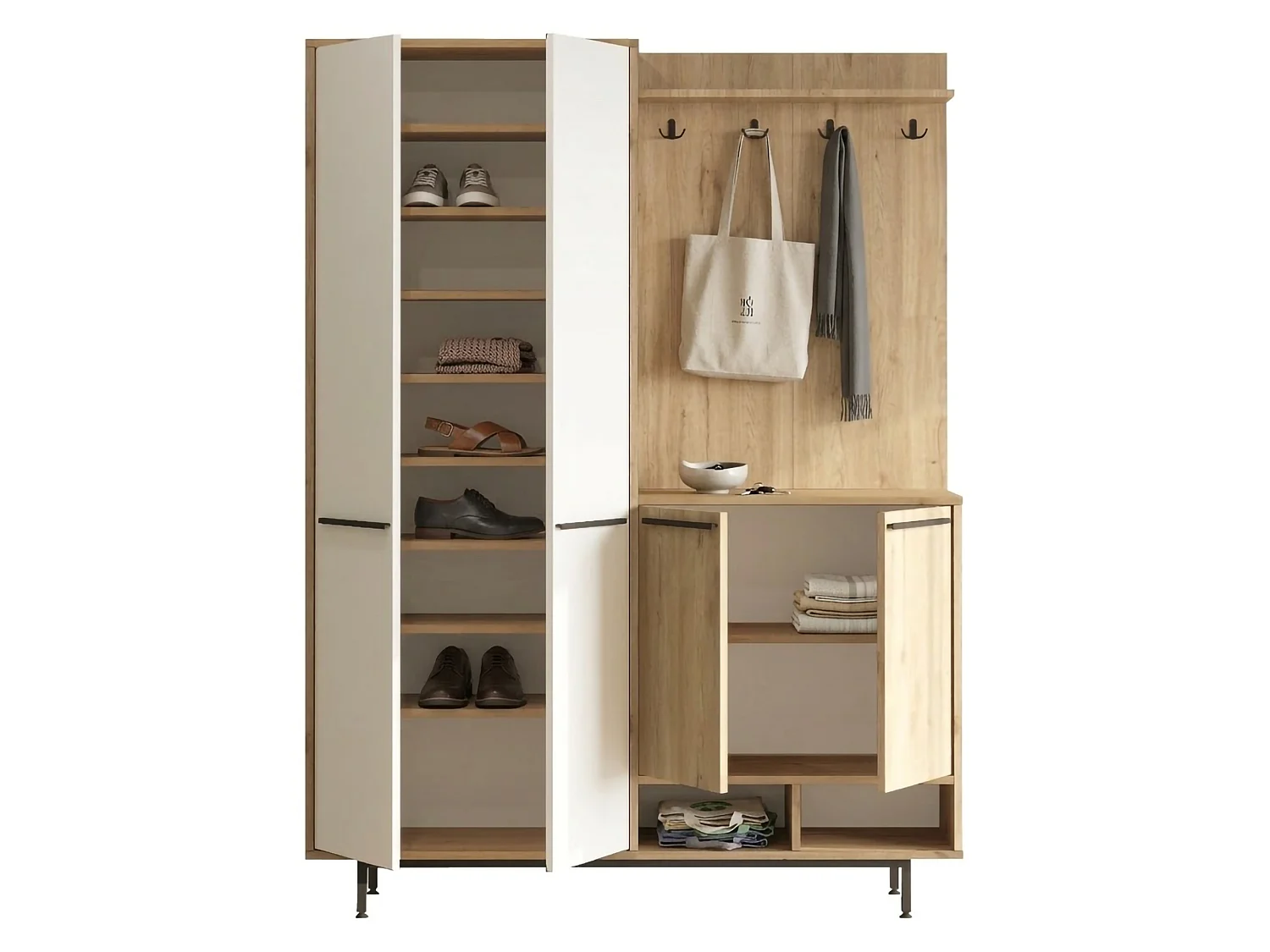 Meuble d'Entrée Tignale, Porte-manteaux, 147x36x196h cm Beige, 12 Étagères, Portes Battantes